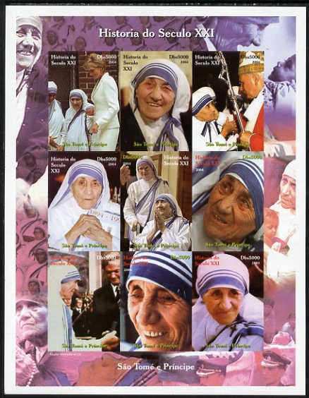 St Thomas & Prince Islands 2004 History of the 21st Century - Mother Teresa imperf sheetlet containing 9 values unmounted mint. Note this item is privately produced and i..., stamps on railways, stamps on arts