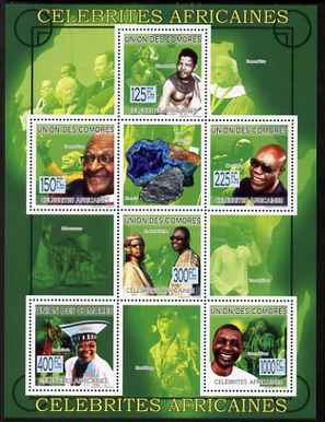 Comoro Islands 2009 African Celebrities perf sheetlet containing 6 values unmounted mint, stamps on , stamps on  stamps on personalities, stamps on  stamps on mandela, stamps on  stamps on nobel, stamps on  stamps on peace, stamps on  stamps on racism, stamps on  stamps on human rights, stamps on  stamps on minerals, stamps on  stamps on music, stamps on  stamps on 