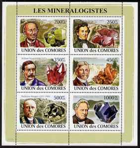Comoro Islands 2008 Mineralogists & Minerals perf sheetlet containing 6 values unmounted mint, stamps on personalities, stamps on minerals