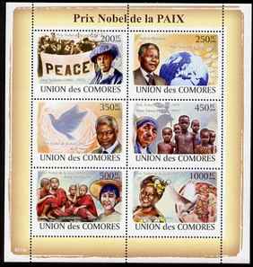 Comoro Islands 2008 Nobel Peace Prize Winners perf sheetlet containing 6 values unmounted mint, stamps on personalities, stamps on mandela, stamps on nobel, stamps on peace, stamps on racism, stamps on human rights
