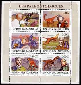 Comoro Islands 2008 Paleontolgists & Dinosaurs perf sheetlet containing 6 values unmounted mint, stamps on personalities, stamps on dinosaurs, stamps on fossils