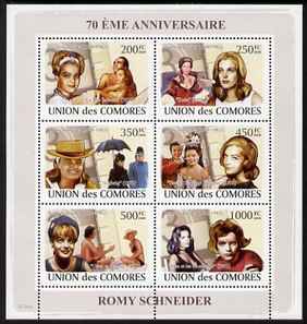 Comoro Islands 2008 70th Birth Anniversary of Romy Schneider (actress) perf sheetlet containing 6 values unmounted mint, stamps on , stamps on  stamps on personalities, stamps on  stamps on films, stamps on  stamps on cinema, stamps on  stamps on movies, stamps on  stamps on women