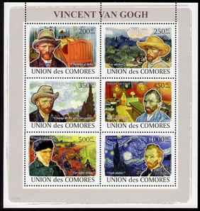 Comoro Islands 2008 Vincent Van Gogh perf sheetlet containing 6 values unmounted mint, stamps on personalities, stamps on arts, stamps on van gogh
