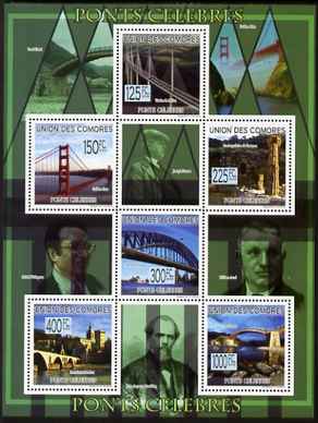 Comoro Islands 2009 Famous Bridges perf sheetlet containing 6 values unmounted mint Michel 2217-22, stamps on bridges, stamps on civil engineering, stamps on 