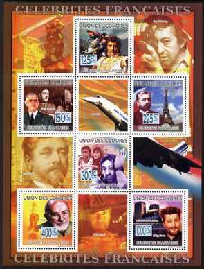 Comoro Islands 2009 French Celebrities perf sheetlet containing 6 values unmounted mint Michel 2238-43, stamps on personalities, stamps on aviation, stamps on de gaulle, stamps on  ww1 , stamps on  ww2 , stamps on militaria, stamps on napoleon, stamps on concorde, stamps on eiffel tower