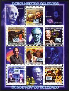 Comoro Islands 2009 Famous Discoveries perf sheetlet containing 6 values unmounted mint Michel 2302-07, stamps on personalities, stamps on inventors, stamps on einstein, stamps on science, stamps on physics, stamps on nobel, stamps on maths, stamps on space, stamps on judaica, stamps on atomics, stamps on dinosaurs, stamps on ovine