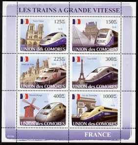 Comoro Islands 2008 High Speed Trains of France perf sheetlet containing 6 values unmounted mint Michel 1875-80, stamps on , stamps on  stamps on railways, stamps on  stamps on eiffel tower, stamps on  stamps on windmills