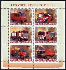 Comoro Islands 2008 Fire Engines perf sheetlet containing 6 values unmounted mint Michel 1819-24, stamps on , stamps on  stamps on fire