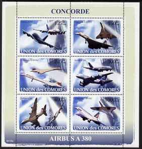 Comoro Islands 2008 Concorde & Airbus perf sheetlet containing 6 values unmounted mint Michel 1925-30, stamps on aviation, stamps on concorde