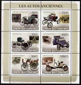 Comoro Islands 2008 Early Cars perf sheetlet containing 6 values unmounted mint Michel 1825-30, stamps on , stamps on  stamps on cars, stamps on  stamps on ford, stamps on  stamps on vauxhall, stamps on  stamps on daimler