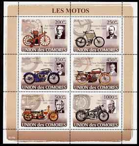 Comoro Islands 2008 Early Motorcycles perf sheetlet containing 6 values unmounted mint Michel 1837-42, stamps on transport, stamps on motorbikes