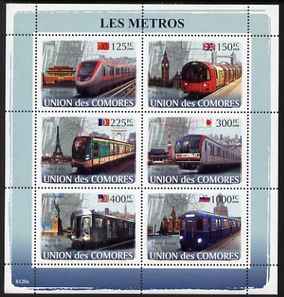 Comoro Islands 2008 Metro Trains perf sheetlet containing 6 values unmounted mint Michel 1862-67, stamps on , stamps on  stamps on railways, stamps on  stamps on underground, stamps on  stamps on london, stamps on  stamps on eiffel tower, stamps on  stamps on statue of liberty