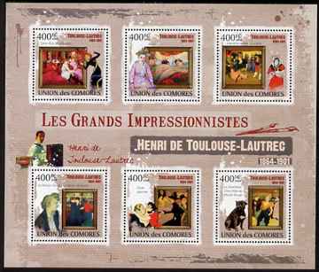 Comoro Islands 2009 Impressionists - Toulouse Lautrec perf sheetlet containing 6 values unmounted mint, stamps on , stamps on  stamps on personalities, stamps on  stamps on arts, stamps on  stamps on impressionists, stamps on  stamps on lautrec