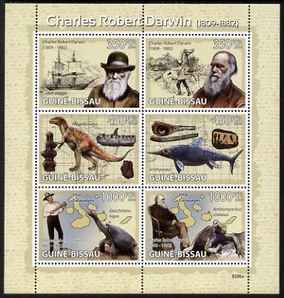 Guinea - Bissau 2009 Charles Darwin perf sheetlet containing 6 values unmounted mint Michel 4104-09, stamps on , stamps on  stamps on personalities, stamps on  stamps on ships, stamps on  stamps on dinosaurs, stamps on  stamps on animals, stamps on  stamps on fish, stamps on  stamps on turtles, stamps on  stamps on darwin