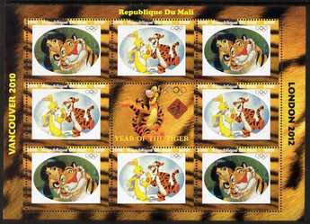 Mali 2010 Year of the Tiger with Olympic Rings, perf sheetlet containg 2 values x 4 plus label, unmounted mint. Note this item is privately produced and is offered purely..., stamps on olympics, stamps on tigers, stamps on disney, stamps on films, stamps on cinena, stamps on movies