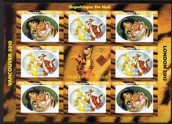 Mali 2010 Year of the Tiger with Olympic Rings, imperf sheetlet containg 2 values x 4 plus label, unmounted mint. Note this item is privately produced and is offered pure..., stamps on olympics, stamps on tigers, stamps on disney, stamps on films, stamps on cinena, stamps on movies