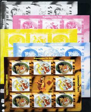 Mali 2010 Year of the Tiger with Olympic Rings, sheetlet containg 2 values x 4 plus  the set of 5 imperf progressive proofs comprising the 4 individual colours plus all 4-colour composite, unmounted mint , stamps on olympics, stamps on tigers, stamps on disney, stamps on films, stamps on cinena, stamps on movies