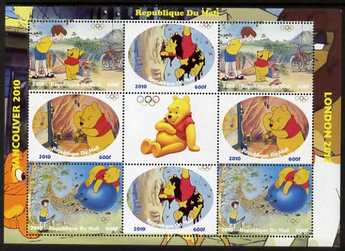 Mali 2010 Winnie the Pooh with Olympic Rings, perf sheetlet containg 4 values x 2 plus label, unmounted mint. Note this item is privately produced and is offered purely on its thematic appeal , stamps on , stamps on  stamps on olympics, stamps on  stamps on disney, stamps on  stamps on films, stamps on  stamps on cinena, stamps on  stamps on movies, stamps on  stamps on pooh, stamps on  stamps on bears, stamps on  stamps on bicycles, stamps on  stamps on bees