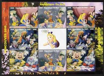 Mali 2010 Alice in Wonderland with Olympic Rings, perf sheetlet containg 4 values x 2 plus label, unmounted mint. Note this item is privately produced and is offered pure..., stamps on olympics, stamps on disney, stamps on films, stamps on cinena, stamps on movies, stamps on 