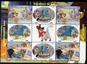 Mali 2010 Oliver & Company with Olympic Rings, perf sheetlet containg 4 values x 2 plus label, unmounted mint. Note this item is privately produced and is offered purely on its thematic appeal , stamps on olympics, stamps on disney, stamps on films, stamps on cinena, stamps on movies, stamps on dogs