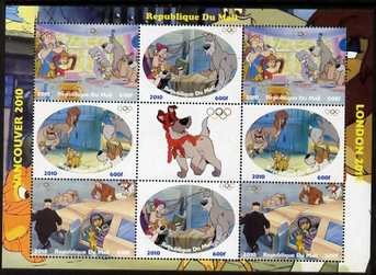 Mali 2010 Oliver & Company with Olympic Rings, perf sheetlet containg 4 values x 2 plus label, unmounted mint. Note this item is privately produced and is offered purely on its thematic appeal , stamps on , stamps on  stamps on olympics, stamps on  stamps on disney, stamps on  stamps on films, stamps on  stamps on cinena, stamps on  stamps on movies, stamps on  stamps on dogs