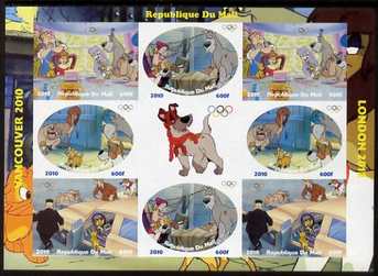 Mali 2010 Oliver & Company with Olympic Rings, imperf sheetlet containg 4 values x 2 plus label, unmounted mint. Note this item is privately produced and is offered purely on its thematic appeal , stamps on , stamps on  stamps on olympics, stamps on  stamps on disney, stamps on  stamps on films, stamps on  stamps on cinena, stamps on  stamps on movies, stamps on  stamps on dogs