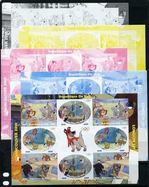 Mali 2010 Oliver & Company with Olympic Rings, sheetlet containg 4 values x 2 plus  the set of 5 imperf progressive proofs comprising the 4 individual colours plus all 4-..., stamps on olympics, stamps on disney, stamps on films, stamps on cinena, stamps on movies, stamps on dogs