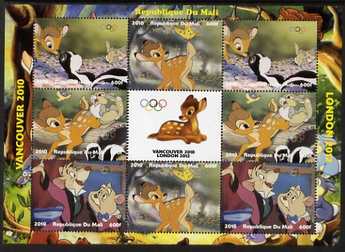 Mali 2010 Bambi with Olympic Rings, perf sheetlet containg 4 values x 2 plus label, unmounted mint. Note this item is privately produced and is offered purely on its thematic appeal , stamps on olympics, stamps on disney, stamps on films, stamps on cinena, stamps on movies, stamps on deer