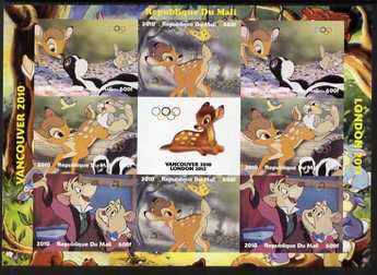 Mali 2010 Bambi with Olympic Rings, imperf sheetlet containg 4 values x 2 plus label, unmounted mint. Note this item is privately produced and is offered purely on its thematic appeal , stamps on olympics, stamps on disney, stamps on films, stamps on cinena, stamps on movies, stamps on deer