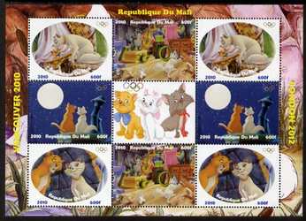 Mali 2010 Aristocats with Olympic Rings, perf sheetlet containg 4 values x 2 plus label, unmounted mint. Note this item is privately produced and is offered purely on its thematic appeal , stamps on olympics, stamps on disney, stamps on films, stamps on cinena, stamps on movies, stamps on cats