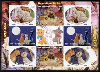 Mali 2010 Aristocats with Olympic Rings, imperf sheetlet containg 4 values x 2 plus label, unmounted mint. Note this item is privately produced and is offered purely on its thematic appeal , stamps on olympics, stamps on disney, stamps on films, stamps on cinena, stamps on movies, stamps on cats