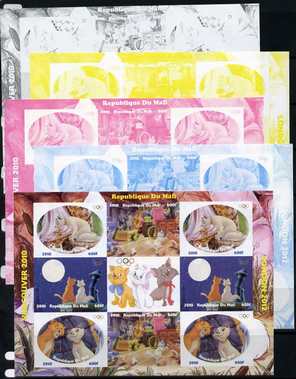 Mali 2010 Aristocats with Olympic Rings, sheetlet containg 4 values x 2 plus  the set of 5 imperf progressive proofs comprising the 4 individual colours plus all 4-colour..., stamps on olympics, stamps on disney, stamps on films, stamps on cinena, stamps on movies, stamps on cats