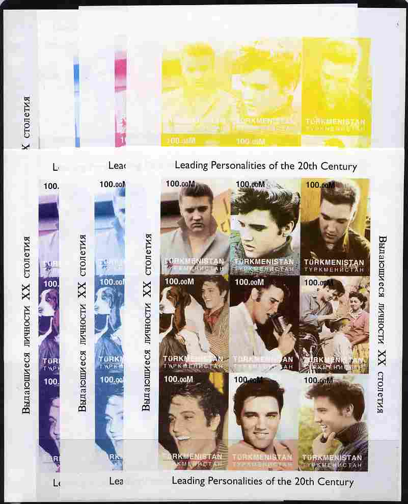 Turkmenistan 1998 Leading Personalities of the 20th Century (Elvis Presley) sheetlet containing complete set of 9 values - the set of 7 imperf progressive proofs comprisi..., stamps on personalities, stamps on elvis, stamps on music, stamps on pops, stamps on millennium, stamps on films, stamps on cinema, stamps on movies