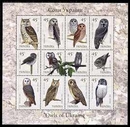 Ukraine 2003 Owls perf sheetlet contaiing 12 values unmounted mint SG MS 498, stamps on , stamps on  stamps on birds, stamps on  stamps on birds of prey, stamps on  stamps on owls