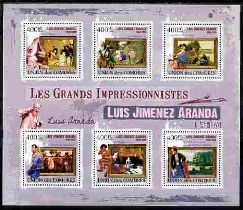 Comoro Islands 2009 The Impressionists - Luis Jimenez Aranda perf sheetlet containing 6 values unmounted mint, stamps on arts