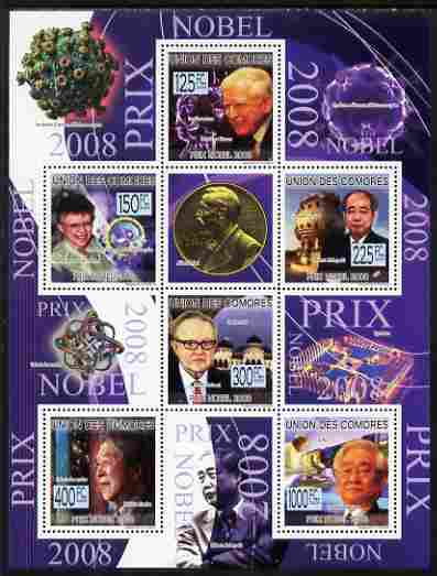 Comoro Islands 2009 Nobel Prize Winners of 2008 perf sheetlet containing 6 values unmounted mint, Michel 2266-71, stamps on , stamps on  stamps on personalities, stamps on  stamps on nobel, stamps on  stamps on physics, stamps on  stamps on science, stamps on  stamps on chemistry, stamps on  stamps on literature, stamps on  stamps on medical, stamps on  stamps on peace