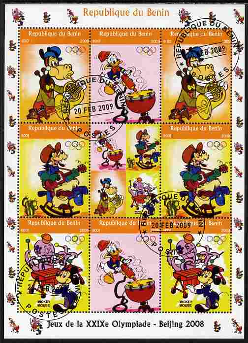 Benin 2009 Beijing Olympics #4 - Disney Characters (Music) perf sheetlet containing 8 values plus label fine cto used, stamps on , stamps on  stamps on olympics, stamps on  stamps on disney, stamps on  stamps on music, stamps on  stamps on cactus, stamps on  stamps on cacti, stamps on  stamps on 