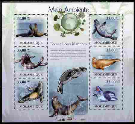 Mozambique 2010 The Environment - Seals & Sea Lions large perf sheetlet containing 6 vaues unmounted mint Michel 3602-07, stamps on , stamps on  stamps on animals, stamps on  stamps on mammals, stamps on  stamps on seals, stamps on  stamps on marine life, stamps on  stamps on environment, stamps on  stamps on 