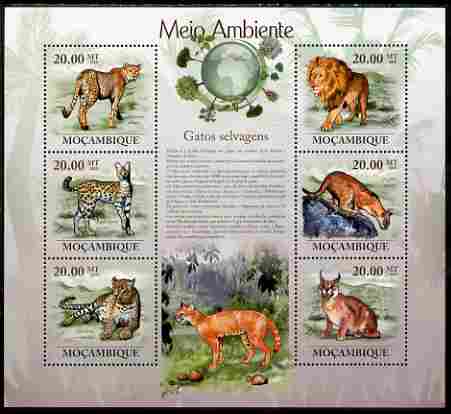 Mozambique 2010 The Environment - Wild Cats large perf sheetlet containing 6 vaues unmounted mint Michel 3566-71, stamps on , stamps on  stamps on animals, stamps on  stamps on cats, stamps on  stamps on lions, stamps on  stamps on environment, stamps on  stamps on 