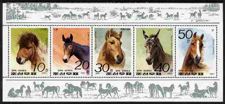 North Korea 1991 Horses perf sheetlet containing set of 5 unmounted mint as SG N3083-87, stamps on , stamps on  stamps on horses