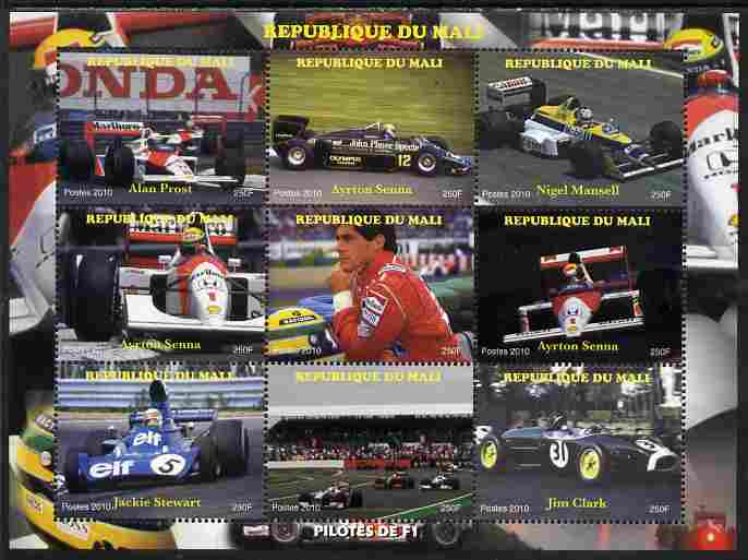 Mali 2010 Formula 1 perf sheetlet containing 9 values unmounted mint. Note this item is privately produced and is offered purely on its thematic appeal, stamps on sport, stamps on racing cars, stamps on personalities, stamps on  f1 , stamps on formula 1, stamps on 