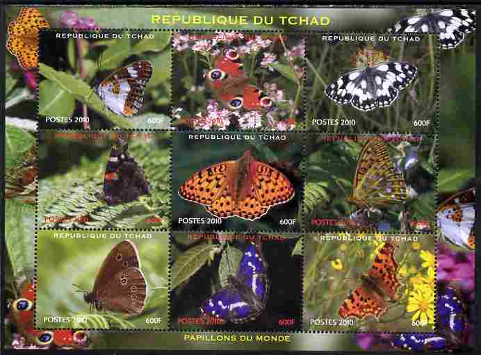 Chad 2010 Butterflies perf sheetlet containing 9 values unmounted mint. Note this item is privately produced and is offered purely on its thematic appeal, stamps on , stamps on  stamps on butterflies