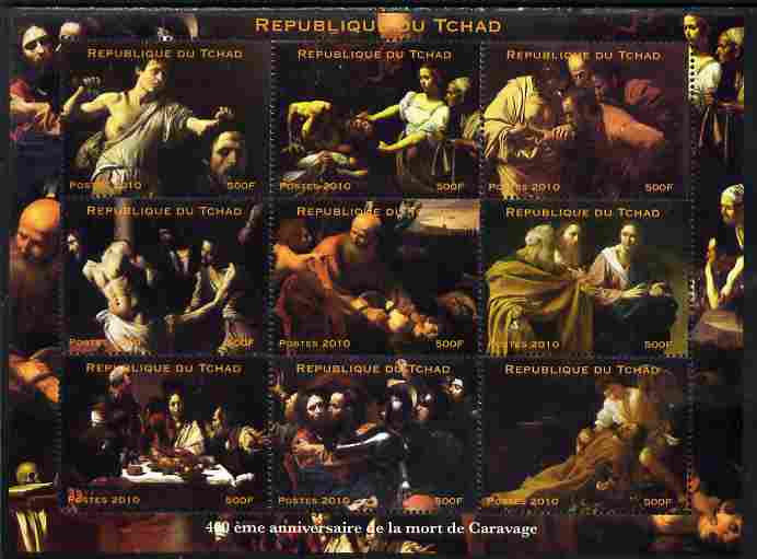 Chad 2010 Paintings by Caravaggio perf sheetlet containing 9 values unmounted mint. Note this item is privately produced and is offered purely on its thematic appeal, stamps on arts, stamps on caravaggio