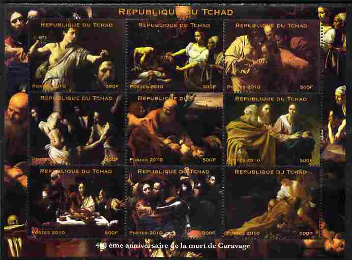 Chad 2010 Paintings by Caravaggio perf sheetlet containing 9 values unmounted mint. Note this item is privately produced and is offered purely on its thematic appeal, stamps on , stamps on  stamps on arts, stamps on  stamps on caravaggio