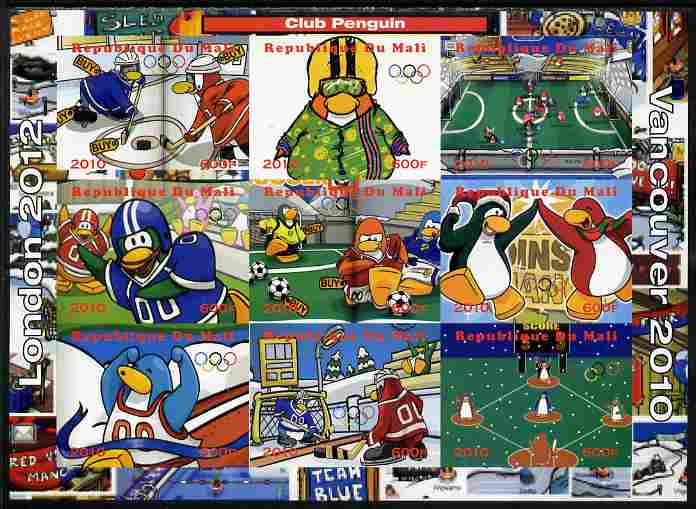 Mali 2010 Olympic Games - Disney Club Penguin #2 imperf sheetlet containing 9 values unmounted mint. Note this item is privately produced and is offered purely on its thematic appeal, it has no postal validity, stamps on , stamps on  stamps on olympics, stamps on  stamps on disney, stamps on  stamps on films, stamps on  stamps on cinema, stamps on  stamps on cartoons, stamps on  stamps on penguins, stamps on  stamps on baseball, stamps on  stamps on football, stamps on  stamps on ice hockey, stamps on  stamps on 