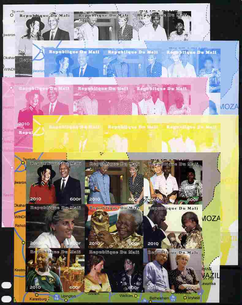 Mali 2010 Princess Diana & Nelson Mandela sheetlet containing 9 values - the set of 5 imperf progressive proofs comprising the 4 individual colours plus all 4-colour comp..., stamps on personalities, stamps on royalty, stamps on diana, stamps on mandela, stamps on nobel, stamps on peace, stamps on racism, stamps on human rights, stamps on jackson, stamps on music, stamps on pops, stamps on rock