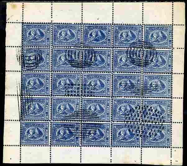 Egypt 1874-75 Sphinx & Pyramid issue Spiro Forgery complete perf sheet of 25 x 20pa grey-blue 'used', stamps on , stamps on  stamps on monuments, stamps on  stamps on qv, stamps on  stamps on civil engineering, stamps on  stamps on egyptology, stamps on  stamps on  qv , stamps on  stamps on 