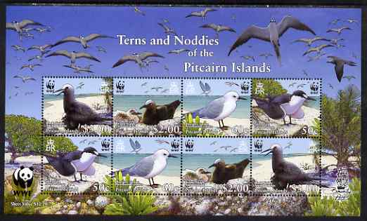 Pitcairn Islands 2007 WWF Endangered Species - Terns & Noddies perf m/sheet containing two sets of 4 unmounted mint SG MS 728, stamps on birds, stamps on  wwf , stamps on terns, stamps on noddies
