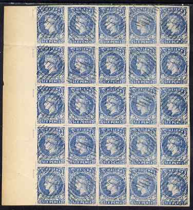 St Helena Forgery 6d blue by David Cohn (West type 2) impressive imperf block of 25 representing rows 5 to 9 (from the sheet of 12 rows) light horiz crease between rows 6 and 7 where the original sheet had been folded, attractive and rarely offered, stamps on , stamps on  stamps on forgery, stamps on  stamps on forgeries, stamps on  stamps on 