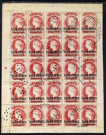 St Helena Forgery 4d on 6d red by Spiro Brothers (West type 1) complete perf sheet of 25 (plate a) 'used' and most attractive, rarely offered, stamps on , stamps on  stamps on forgery, stamps on  stamps on forgeries, stamps on  stamps on 